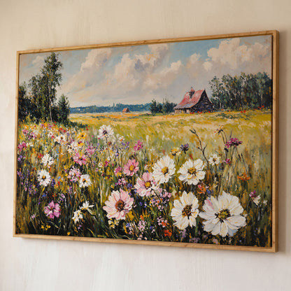 Wildflower Meadow with Barn Canvas shown in white oak floating frame