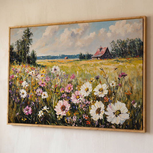 Wildflower Meadow with Barn Canvas shown in white oak floating frame