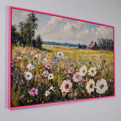 Wildflower Meadow with Barn Canvas in pink floating frame