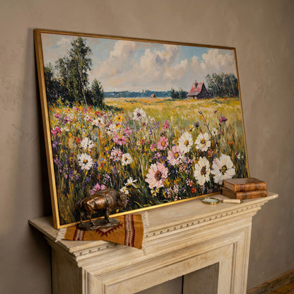 Wildflower Meadow with Barn Canvas in rose gold floating frame