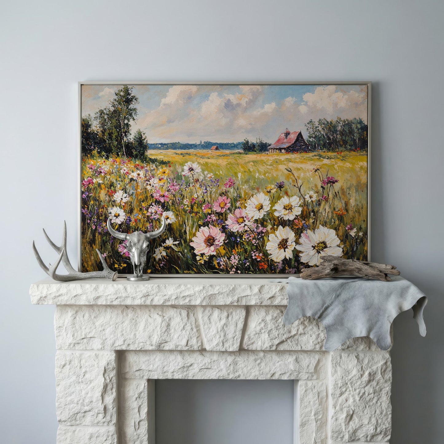 Wildflower Meadow with Barn Canvas in silver floating frame