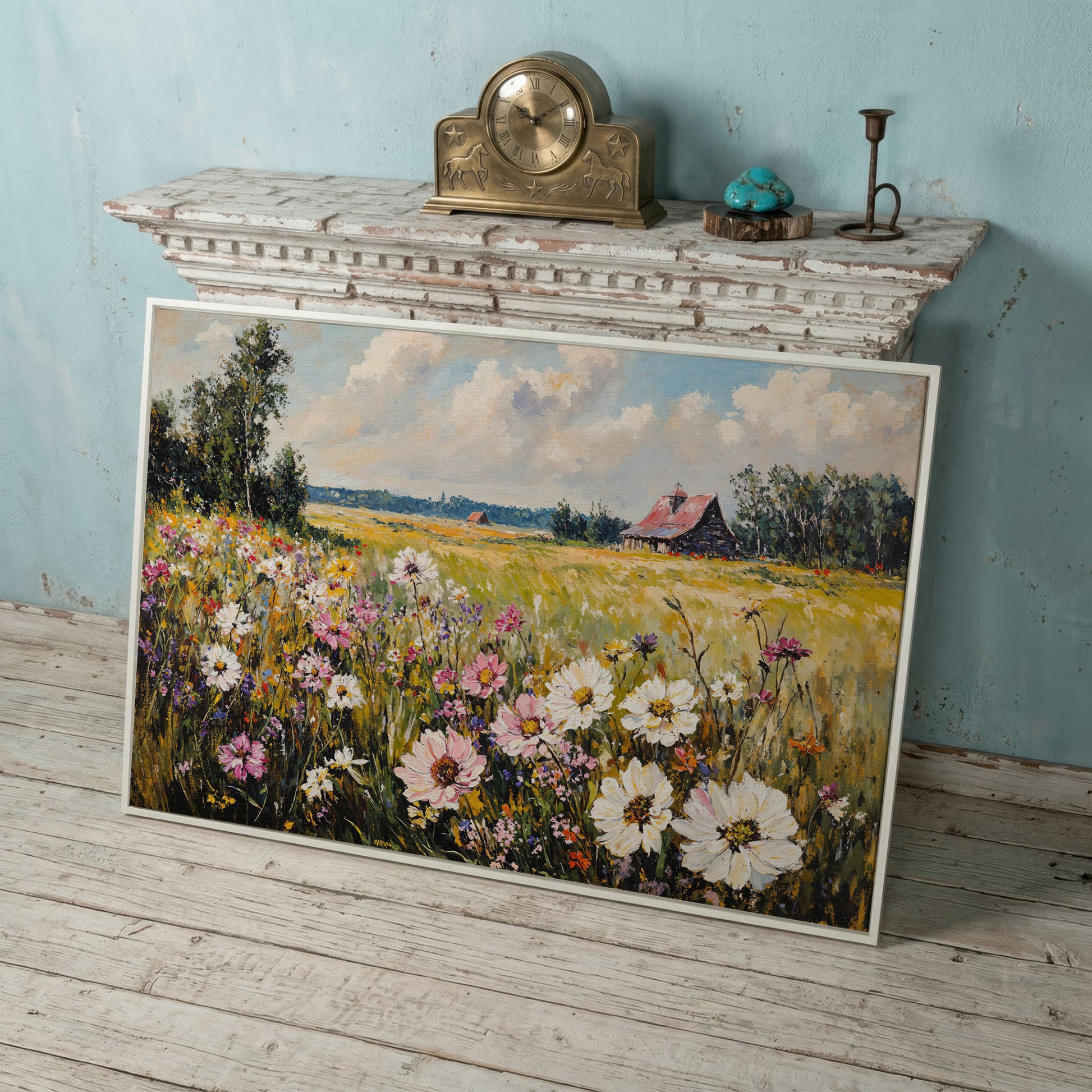 Wildflower Meadow with Barn Canvas in white floating frame