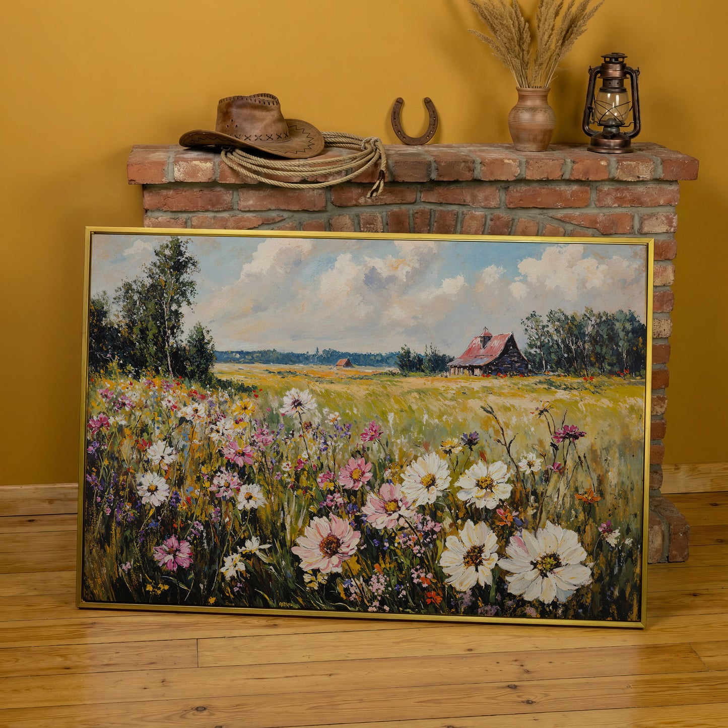 Wildflower Meadow with Barn Canvas in yellow gold floating frame