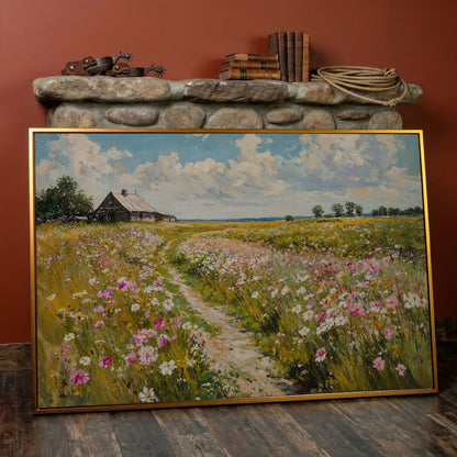 Wildflower Path to Farmhouse Canvas in antique gold floating frame