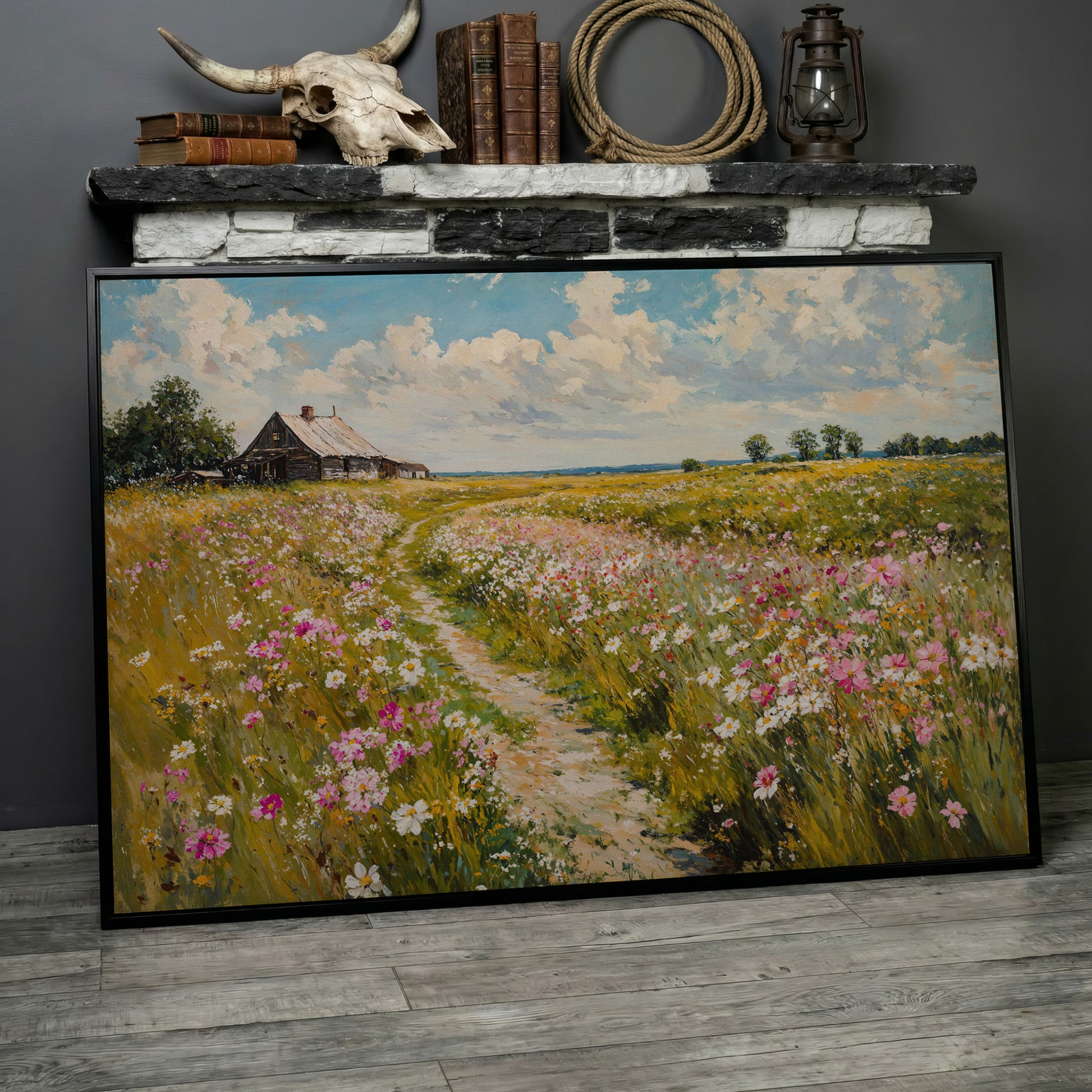 Wildflower Path to Farmhouse Canvas in black floating frame