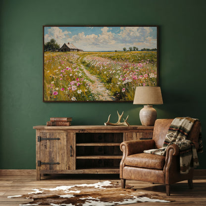 Wildflower Path to Farmhouse Canvas in dark walnut floating frame