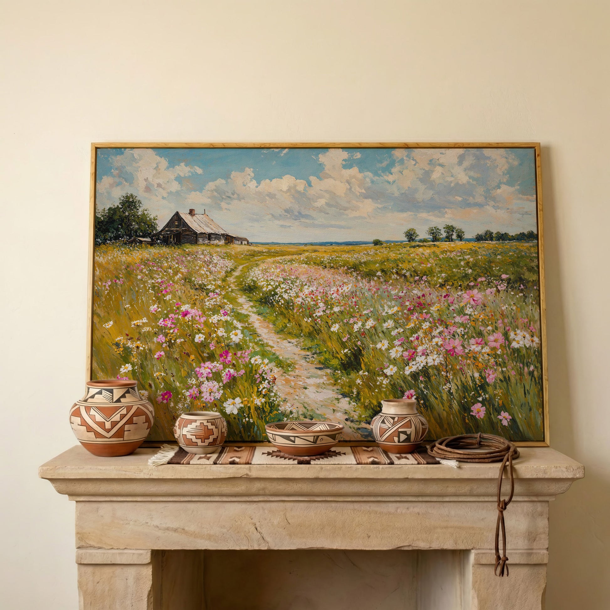 Wildflower Path to Farmhouse Canvas in white oak floating frame