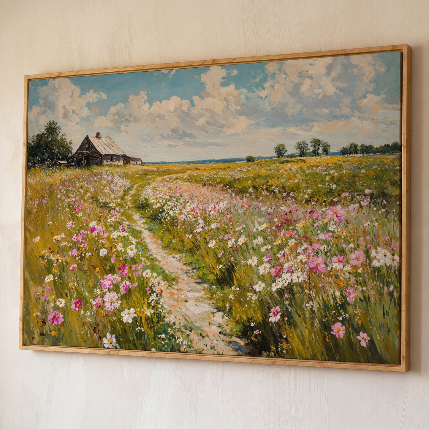 Wildflower Path to Farmhouse Canvas shown in white oak floating frame