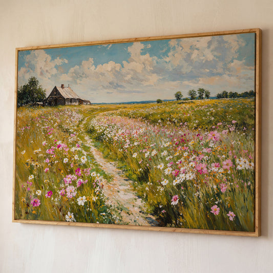 Wildflower Path to Farmhouse Canvas shown in white oak floating frame