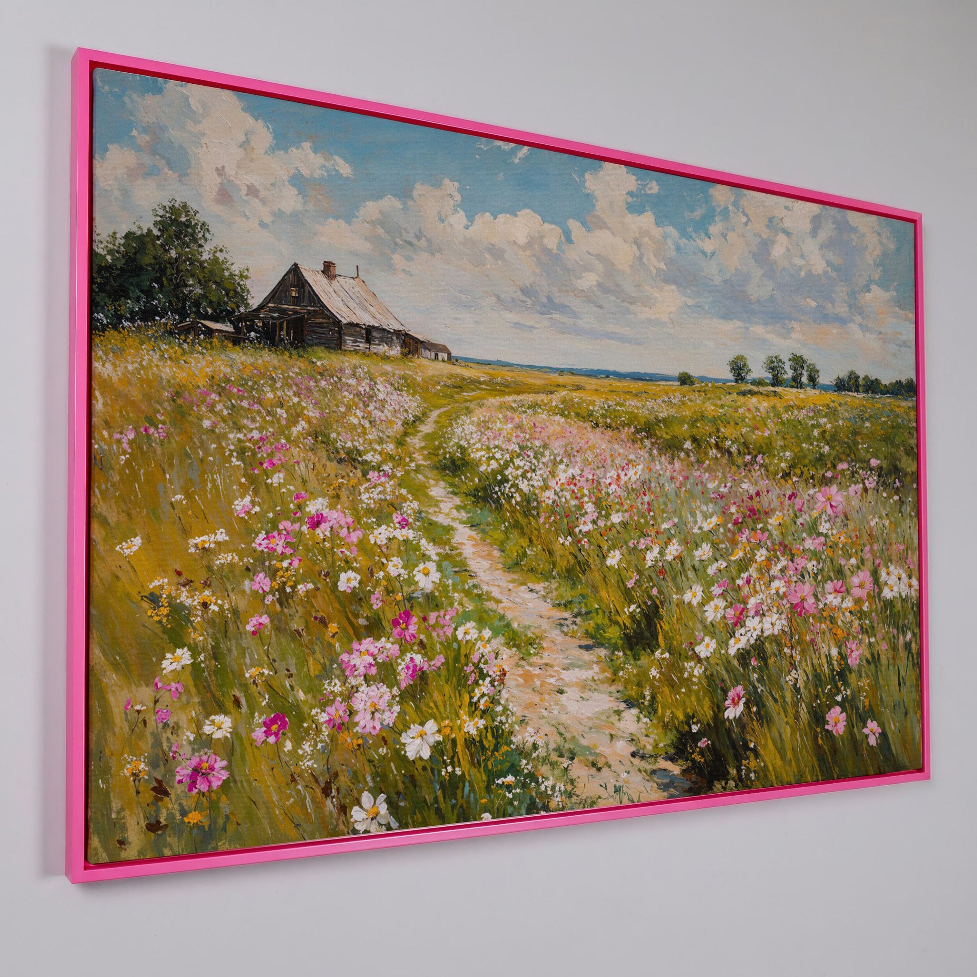 Wildflower Path to Farmhouse Canvas in pink floating frame