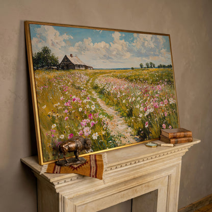 Wildflower Path to Farmhouse Canvas in rose gold floating frame