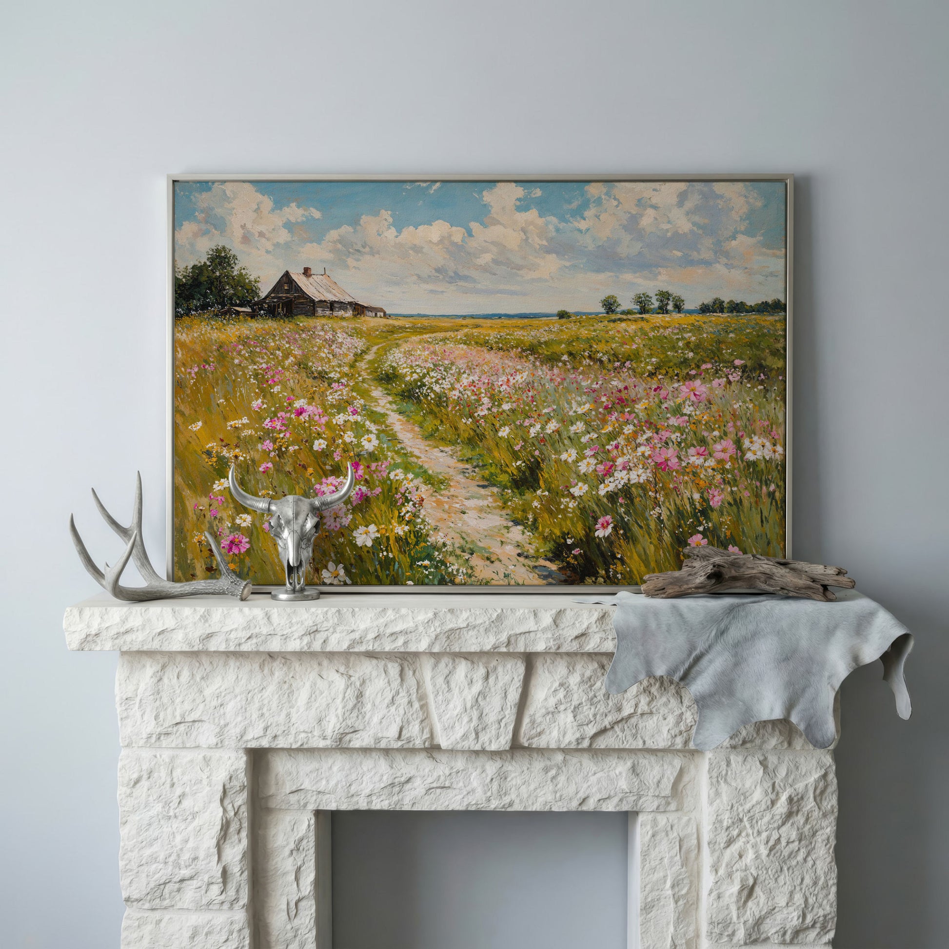 Wildflower Path to Farmhouse Canvas in silver floating frame