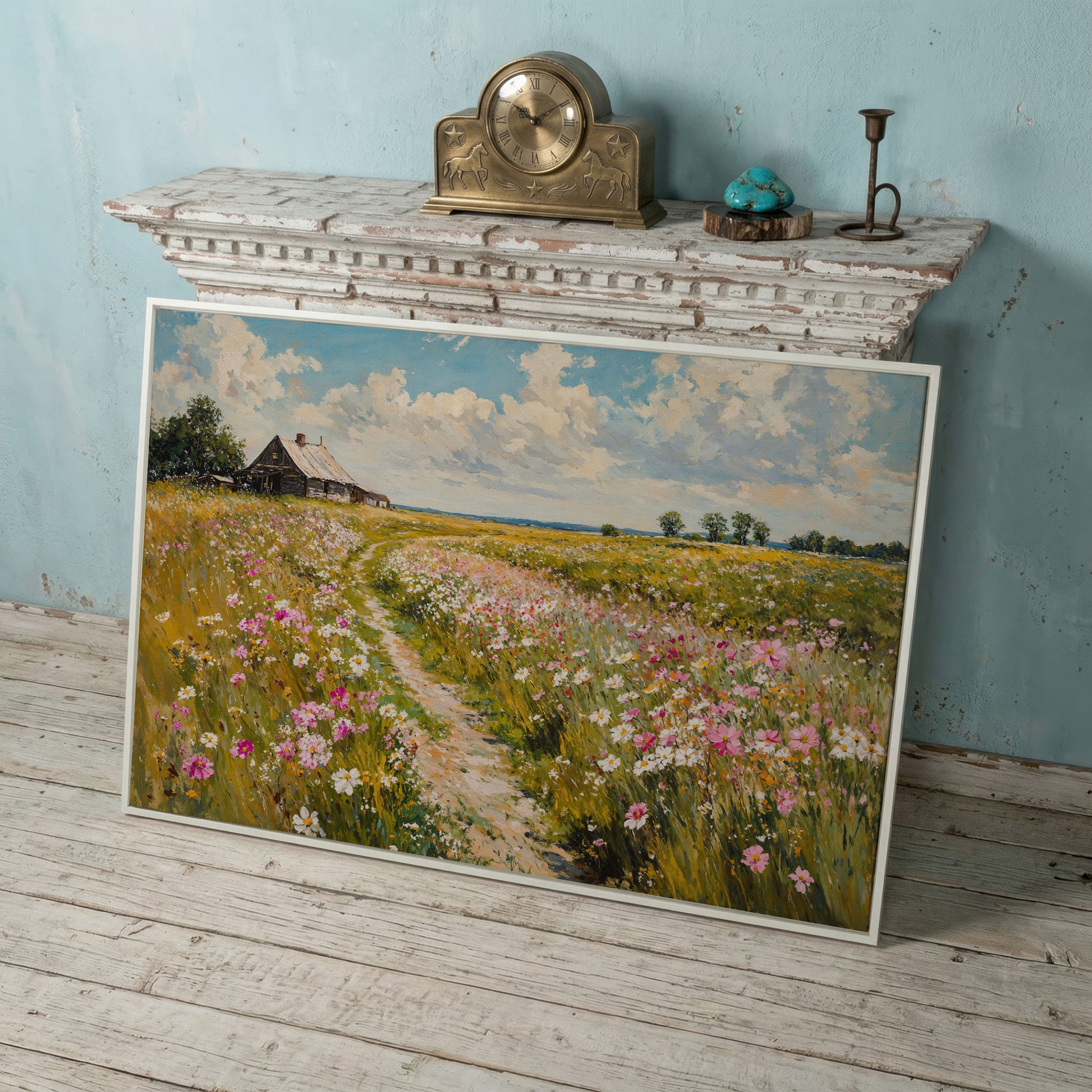 Wildflower Path to Farmhouse Canvas in white floating frame