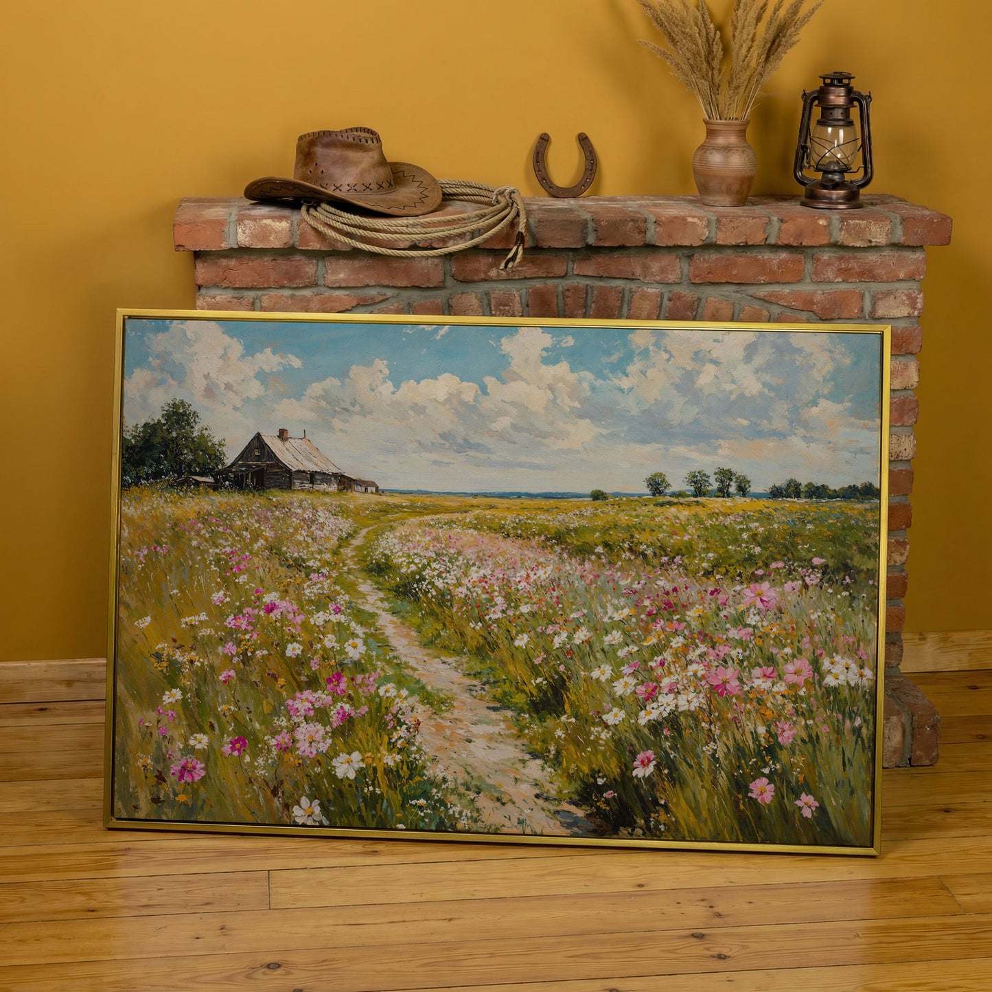 Wildflower Path to Farmhouse Canvas in yellow gold floating frame