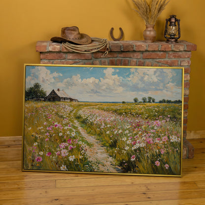 Wildflower Path to Farmhouse Canvas in yellow gold floating frame