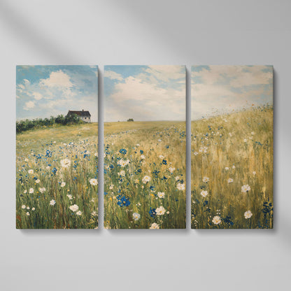 Sky Blue Wildflower Countryside Canvas as 3-panel split version