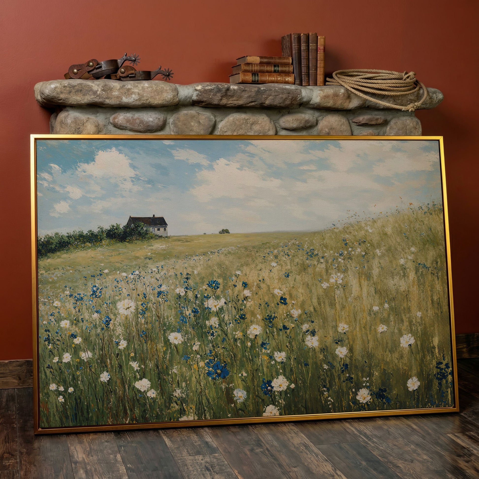 Sky Blue Wildflower Countryside Canvas in antique gold floating frame