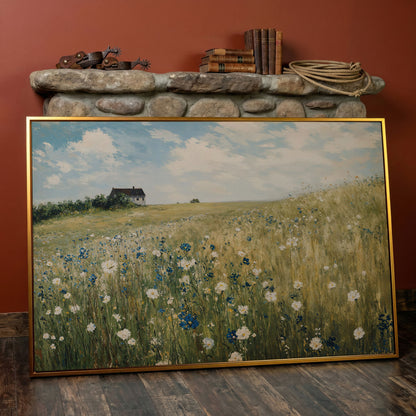Sky Blue Wildflower Countryside Canvas in antique gold floating frame