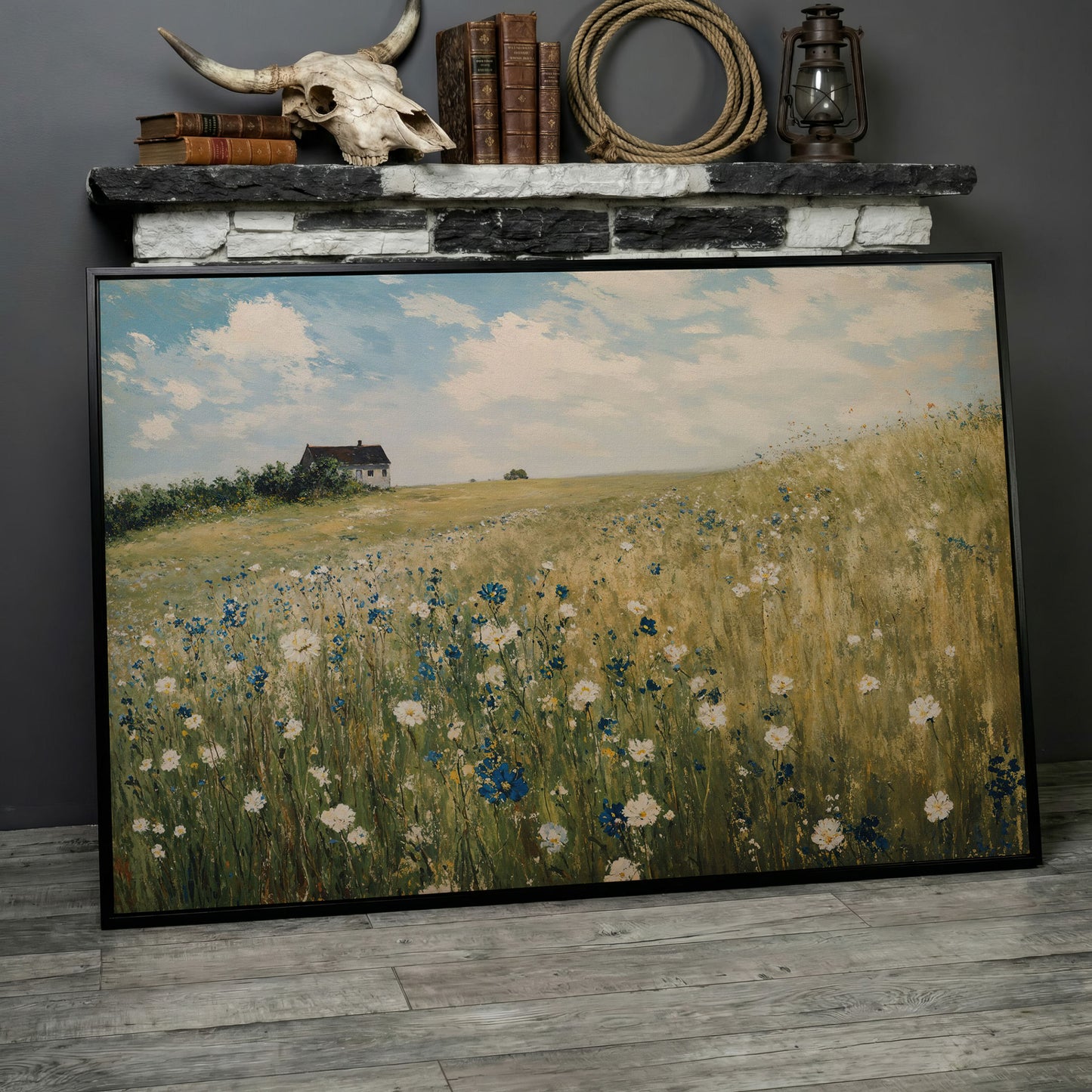 Sky Blue Wildflower Countryside Canvas in black floating frame