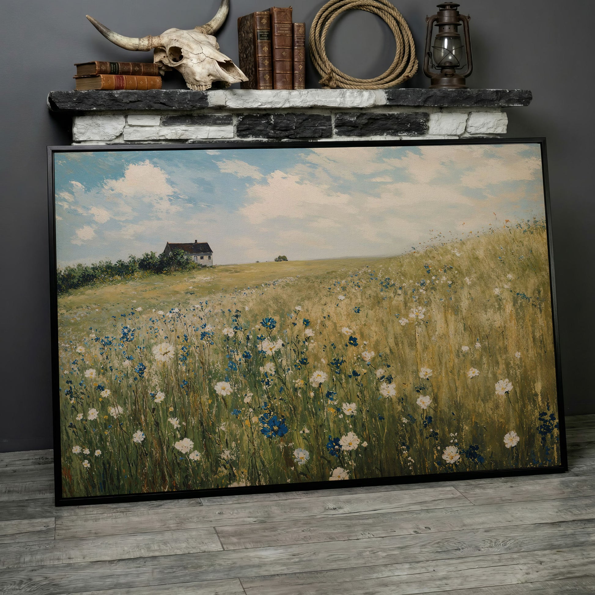 Sky Blue Wildflower Countryside Canvas in black floating frame
