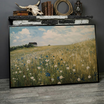 Sky Blue Wildflower Countryside Canvas in black floating frame