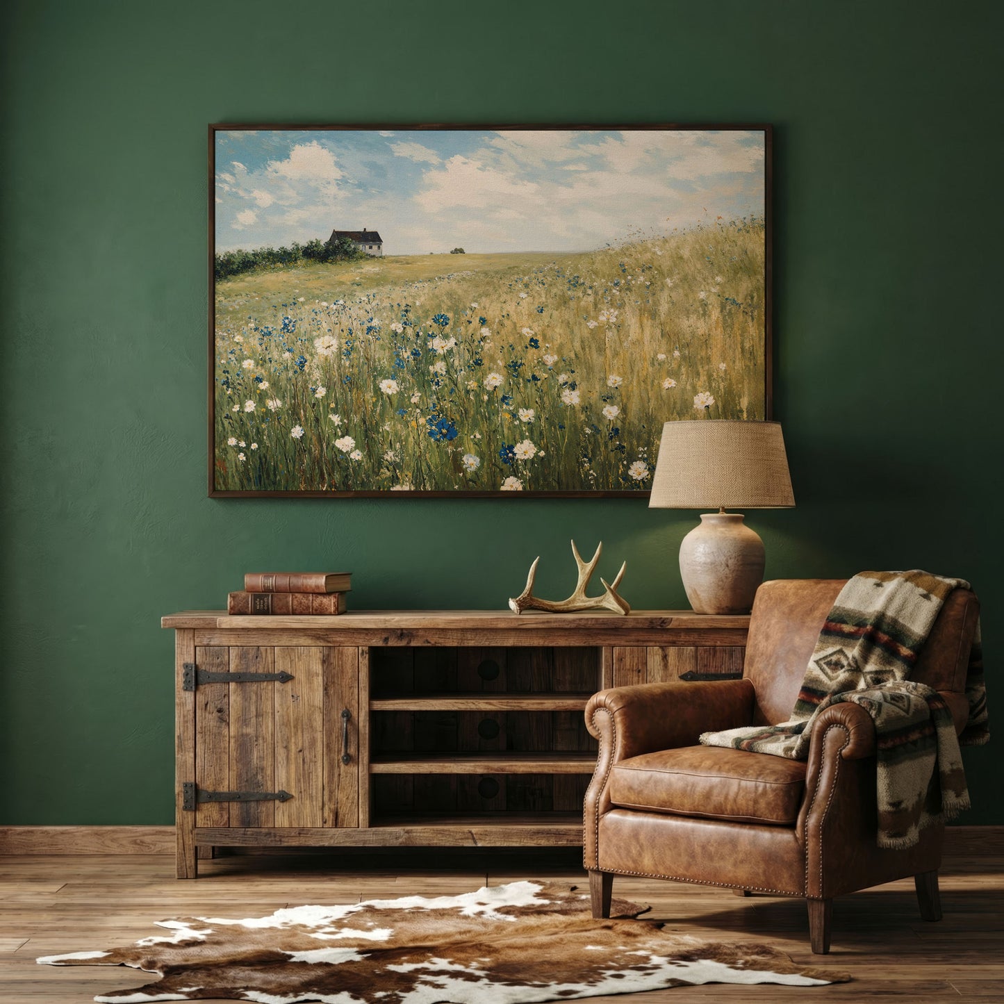 Sky Blue Wildflower Countryside Canvas in dark walnut floating frame