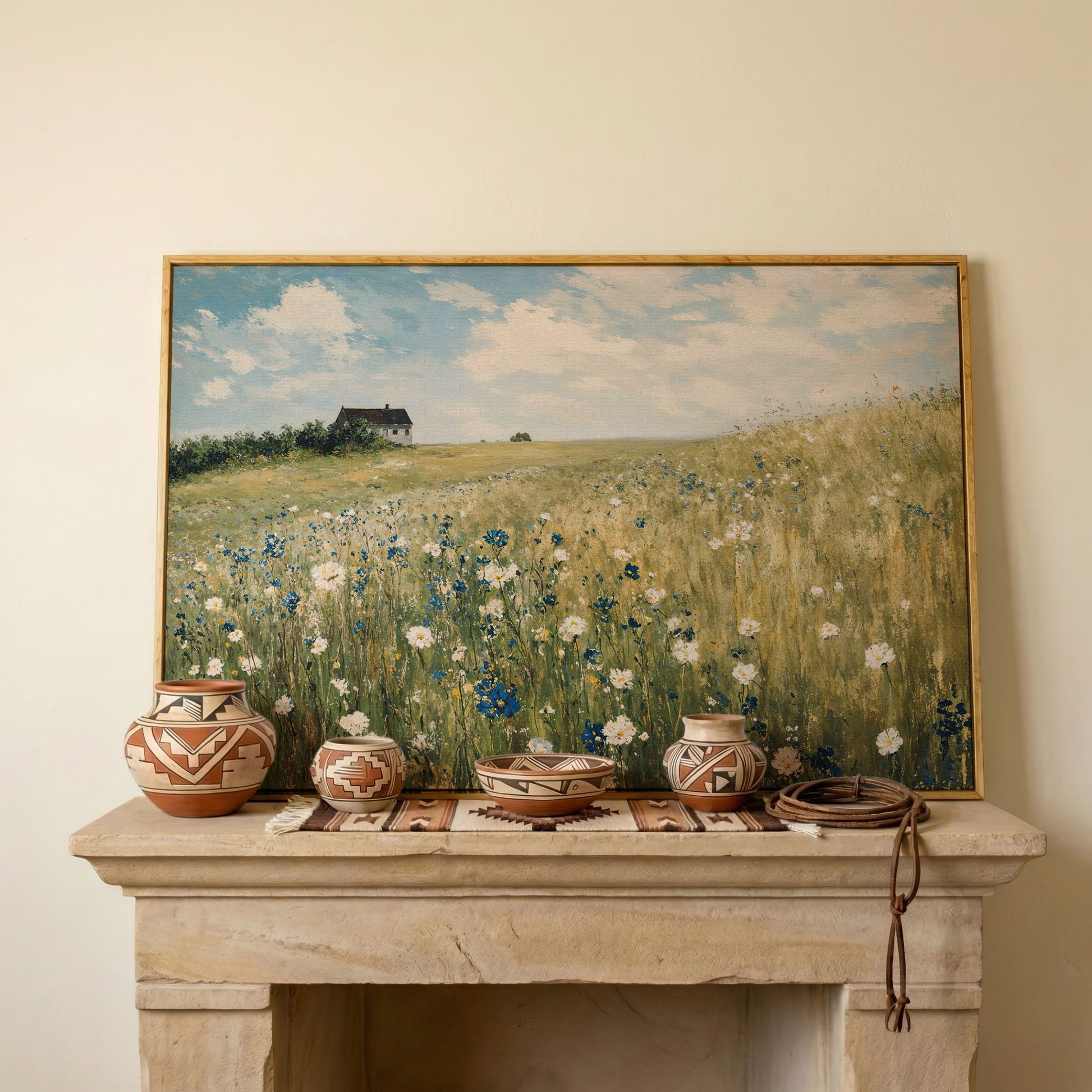 Sky Blue Wildflower Countryside Canvas in white oak floating frame