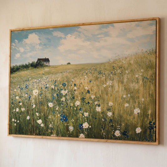 Sky Blue Wildflower Countryside Canvas shown in white oak floating frame