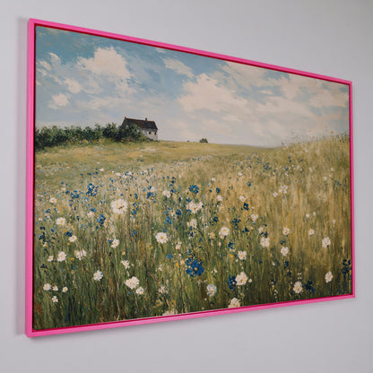 Sky Blue Wildflower Countryside Canvas in pink floating frame