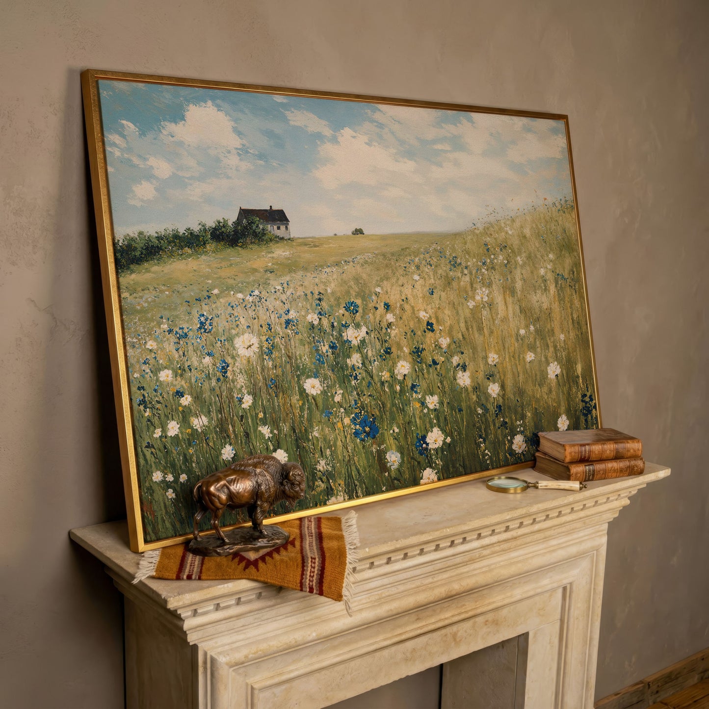 Sky Blue Wildflower Countryside Canvas in rose gold floating frame