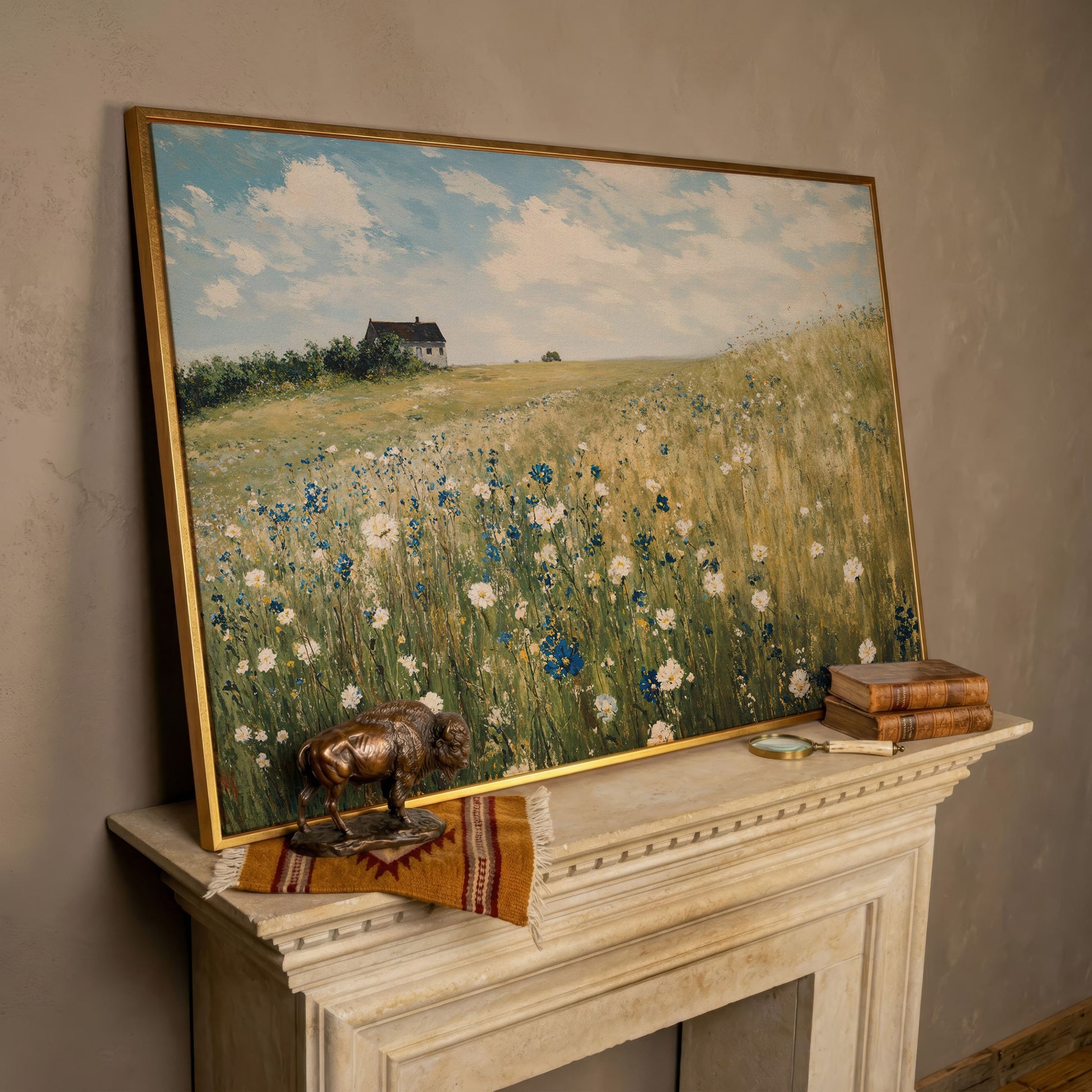 Sky Blue Wildflower Countryside Canvas in rose gold floating frame