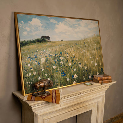 Sky Blue Wildflower Countryside Canvas in rose gold floating frame