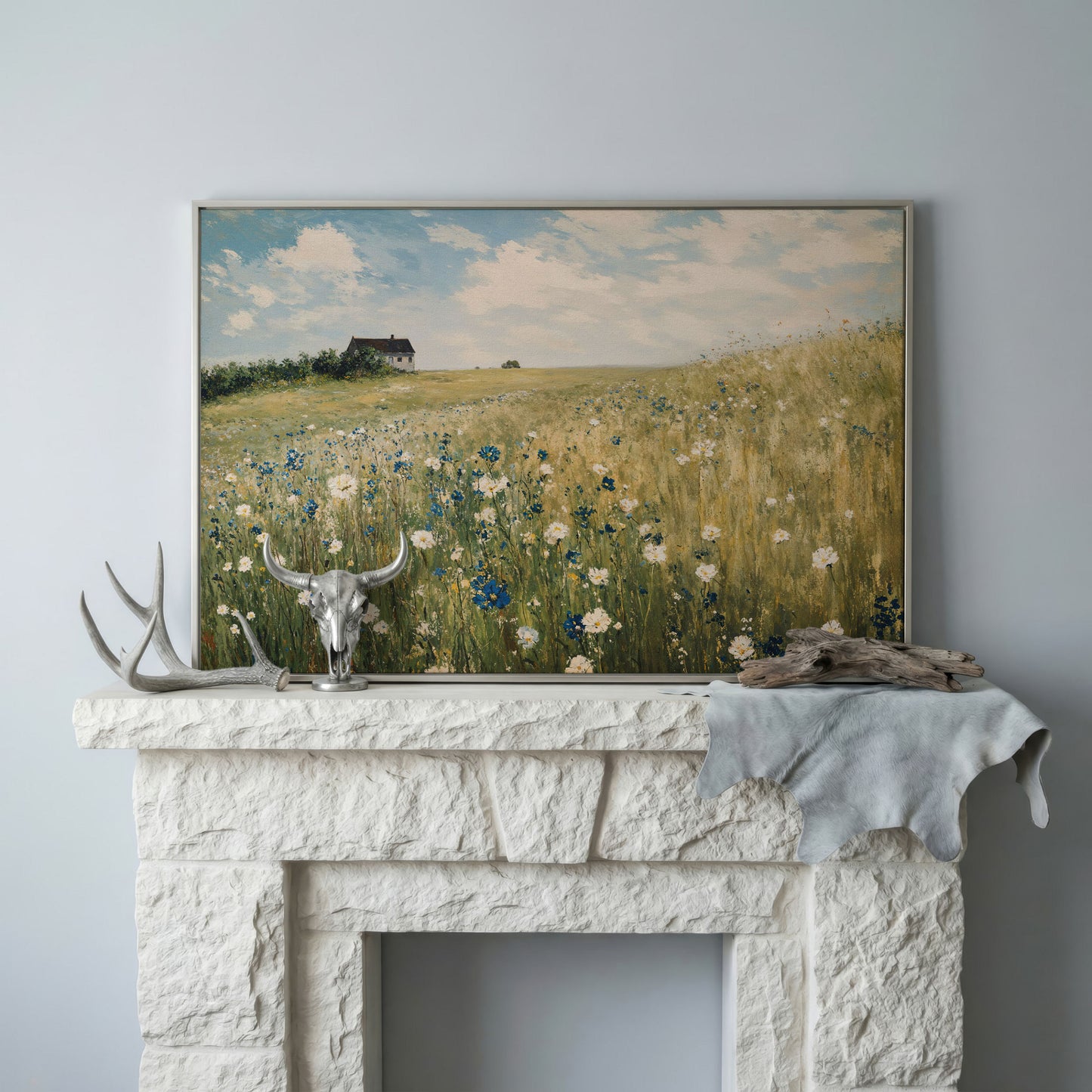 Sky Blue Wildflower Countryside Canvas in silver floating frame