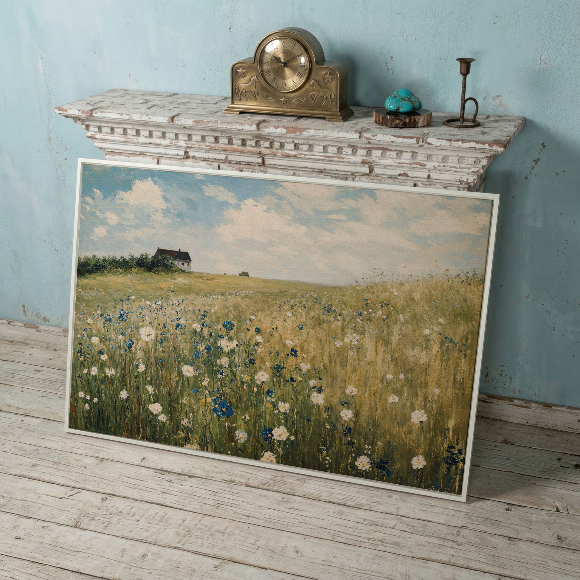 Sky Blue Wildflower Countryside Canvas in white floating frame