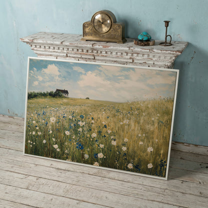 Sky Blue Wildflower Countryside Canvas in white floating frame