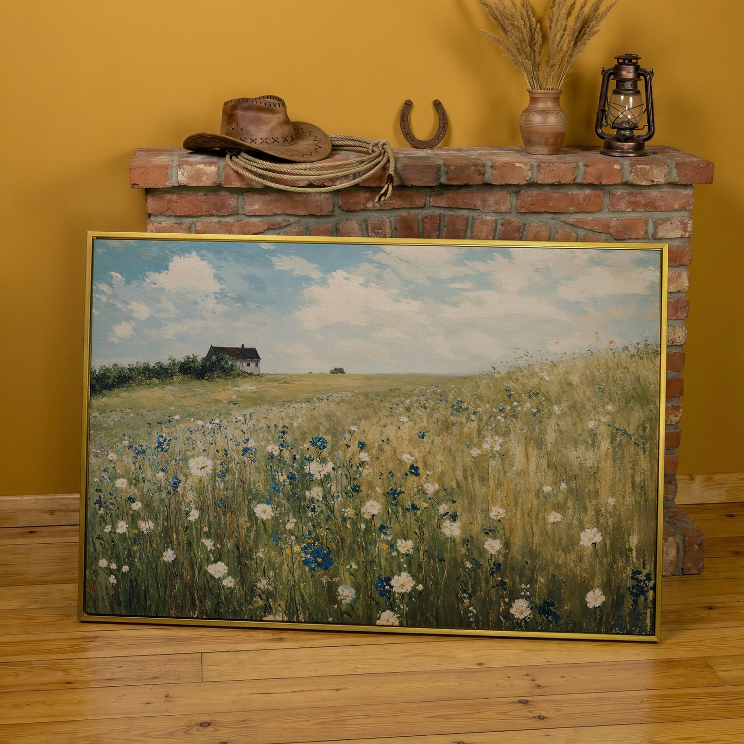 Sky Blue Wildflower Countryside Canvas in yellow gold floating frame