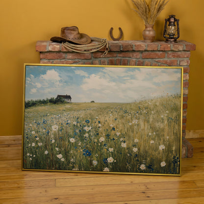 Sky Blue Wildflower Countryside Canvas in yellow gold floating frame