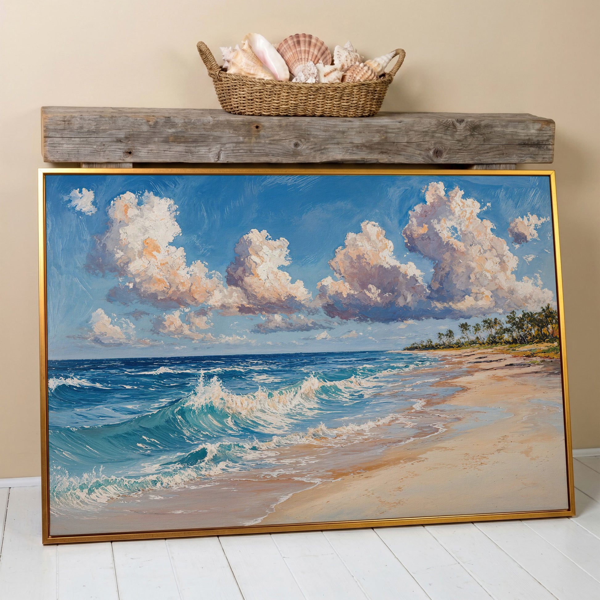 Vibrant Ocean Waves Canvas Print in antique gold floating frame
