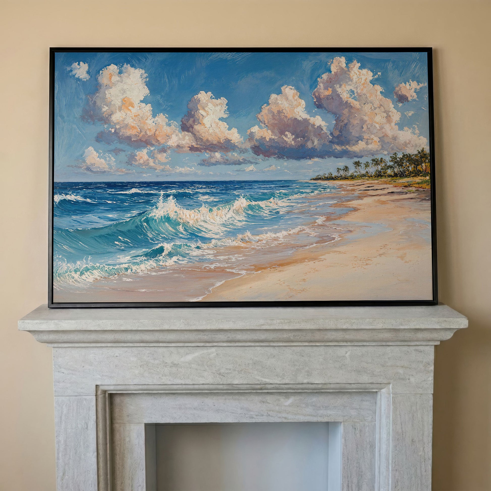 Vibrant Ocean Waves Canvas Print in black floating frame
