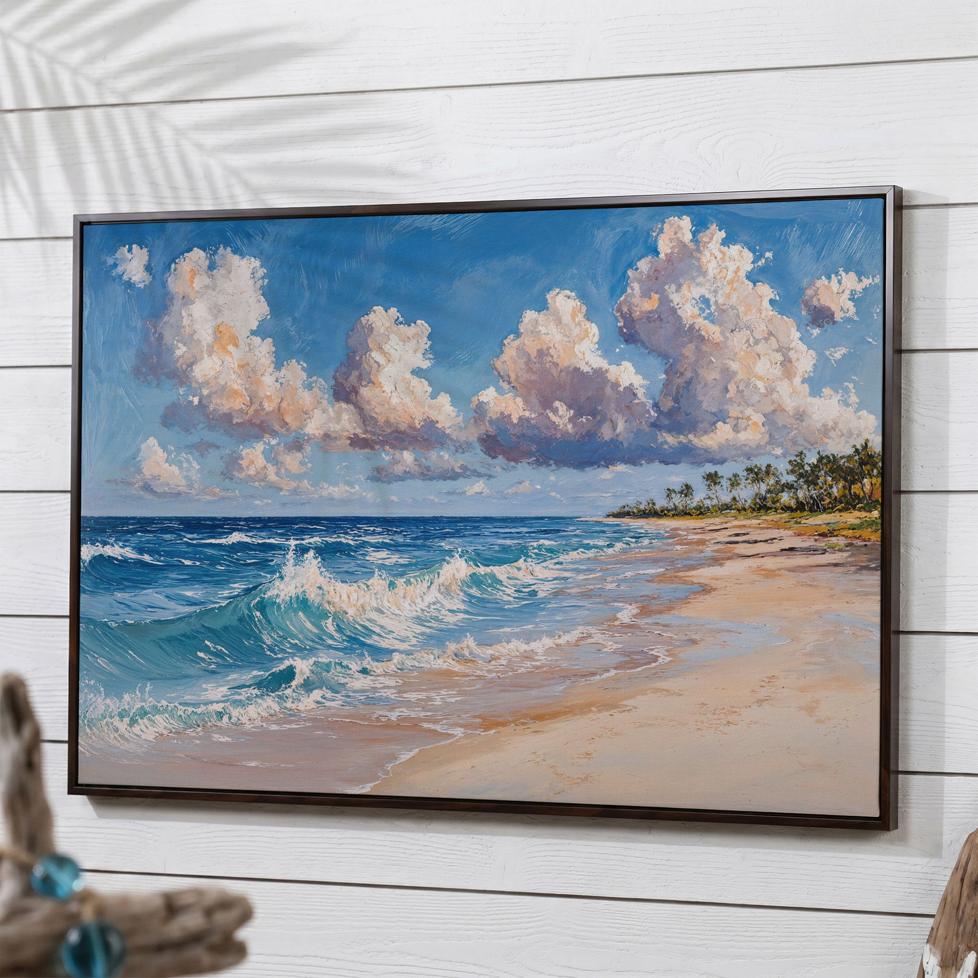 Vibrant Ocean Waves Canvas Print in dark walnut floating frame
