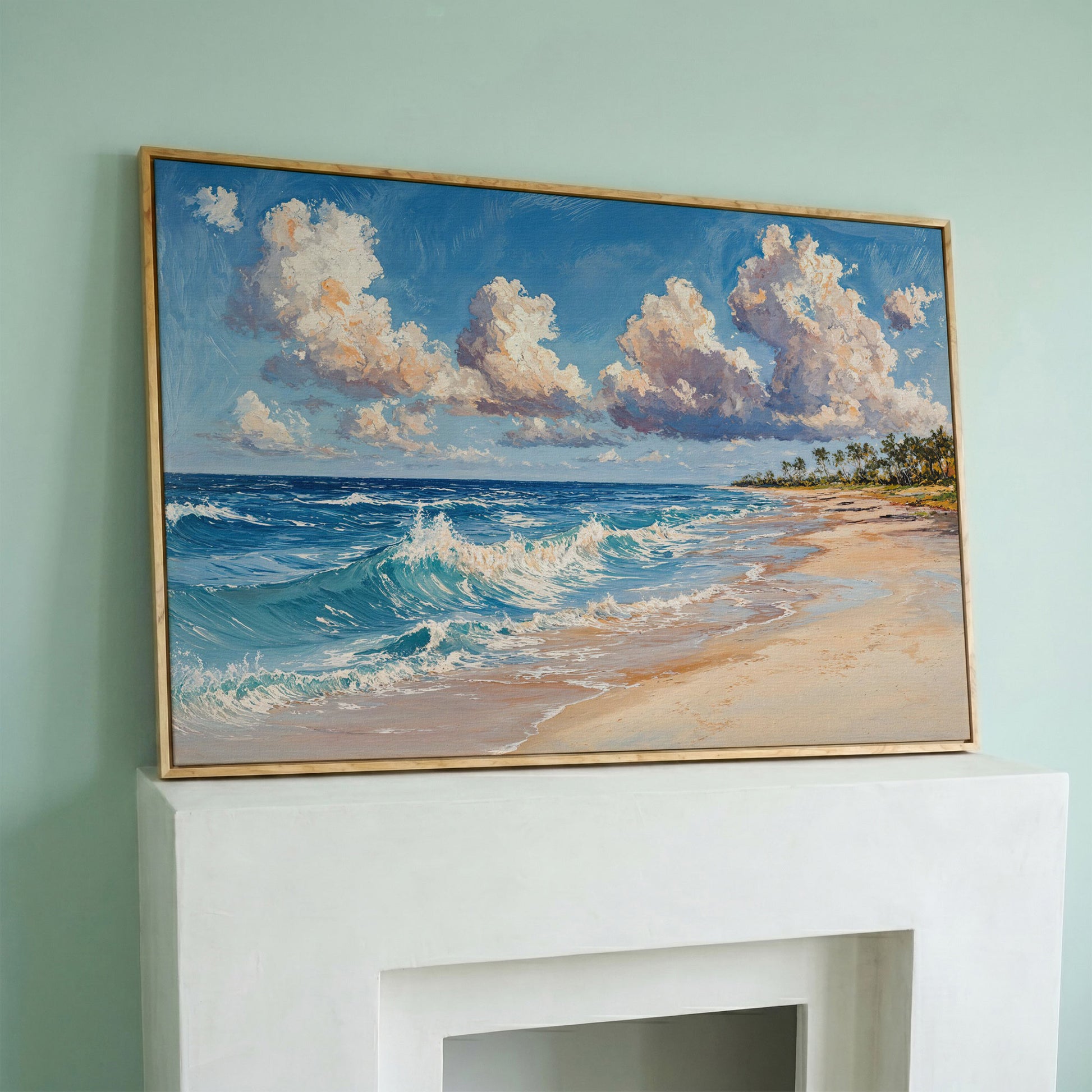 Vibrant Ocean Waves Canvas Print in white oak floating frame