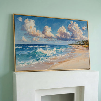 Vibrant Ocean Waves Canvas Print in white oak floating frame