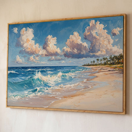 Vibrant Ocean Waves Canvas Print shown in white oak floating frame