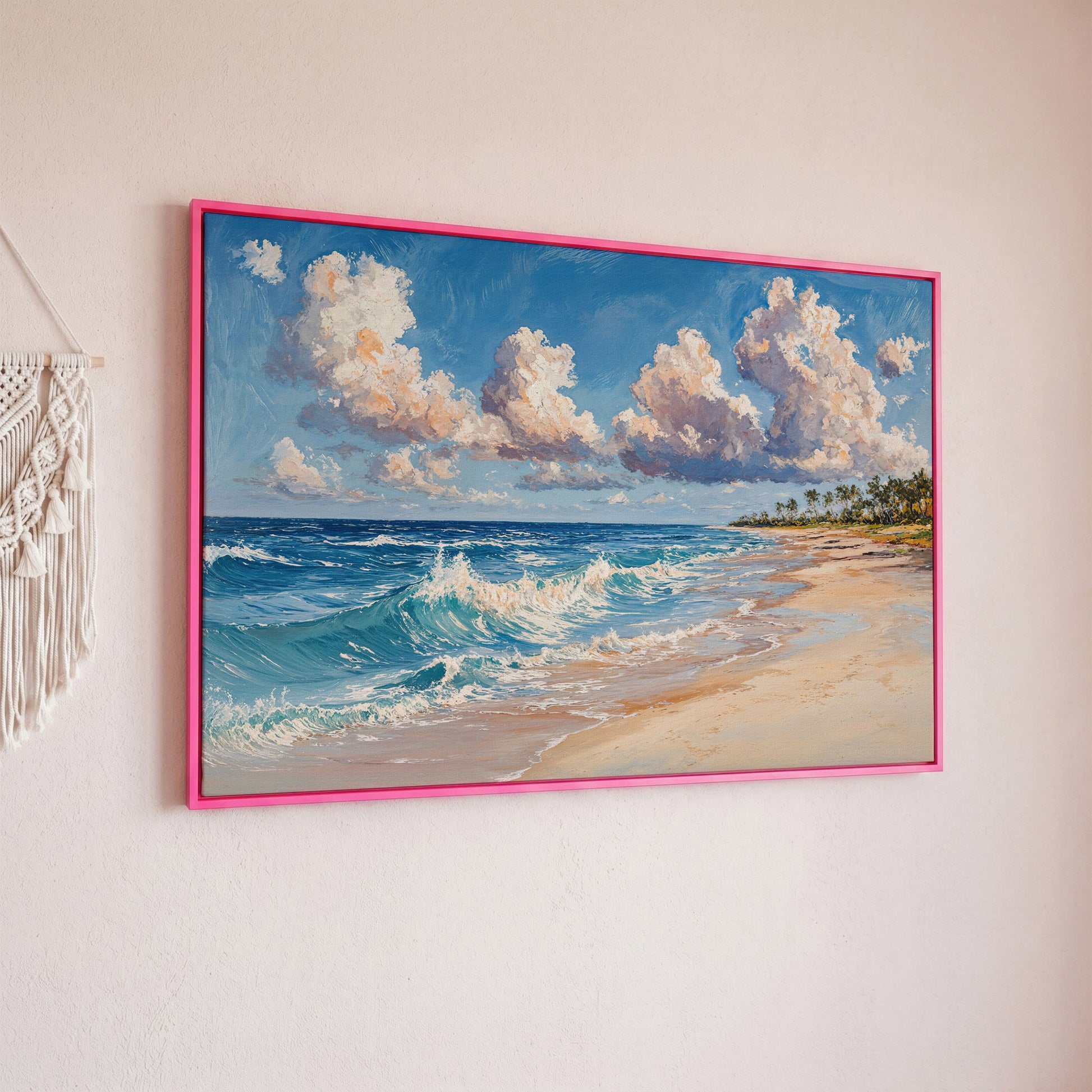 Vibrant Ocean Waves Canvas Print in pink floating frame