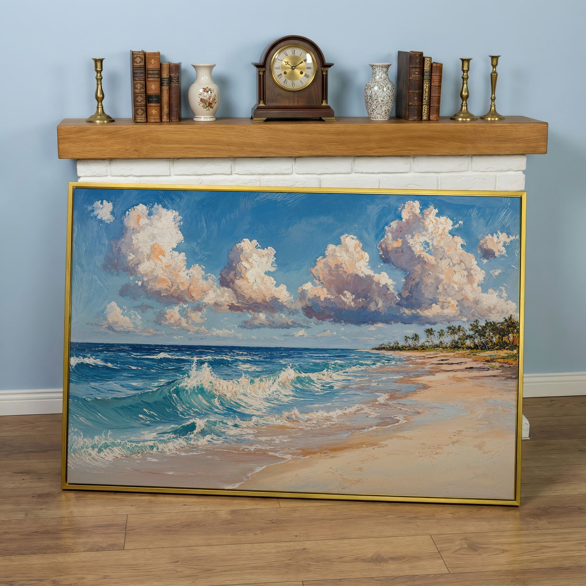 Vibrant Ocean Waves Canvas Print in yellow gold floating frame