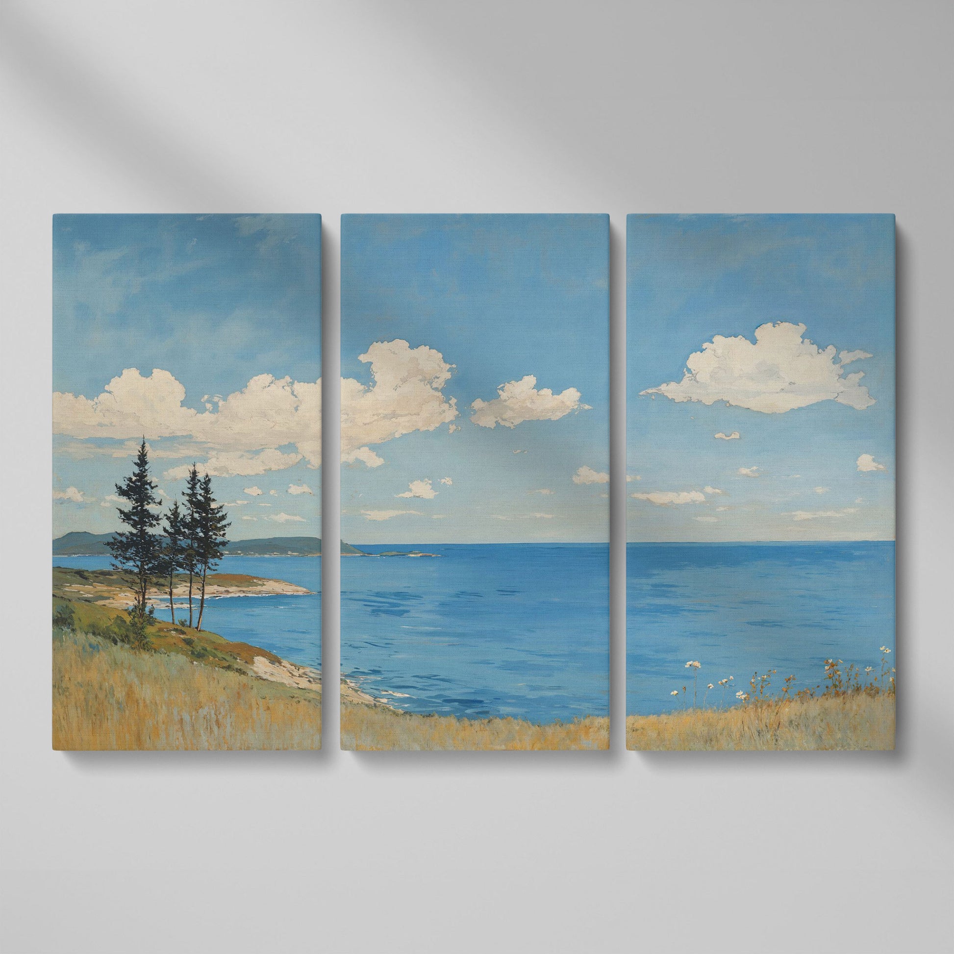 Coastal Shoreline Canvas with Dunes and Open Ocean as 3-panel split version