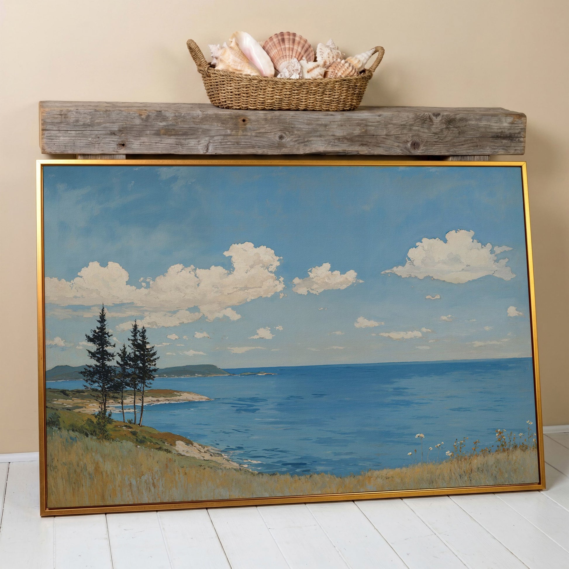 Coastal Shoreline Canvas with Dunes and Open Ocean in antique gold floating frame