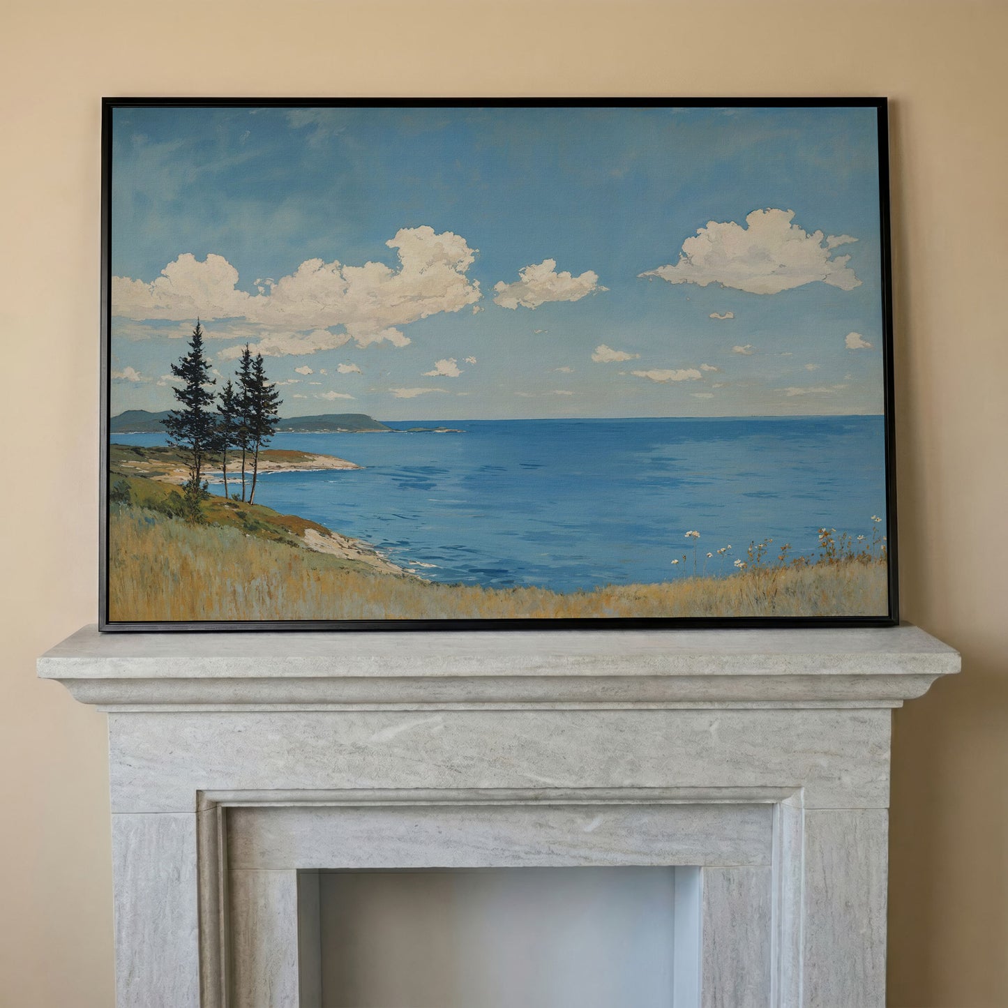 Coastal Shoreline Canvas with Dunes and Open Ocean in black floating frame