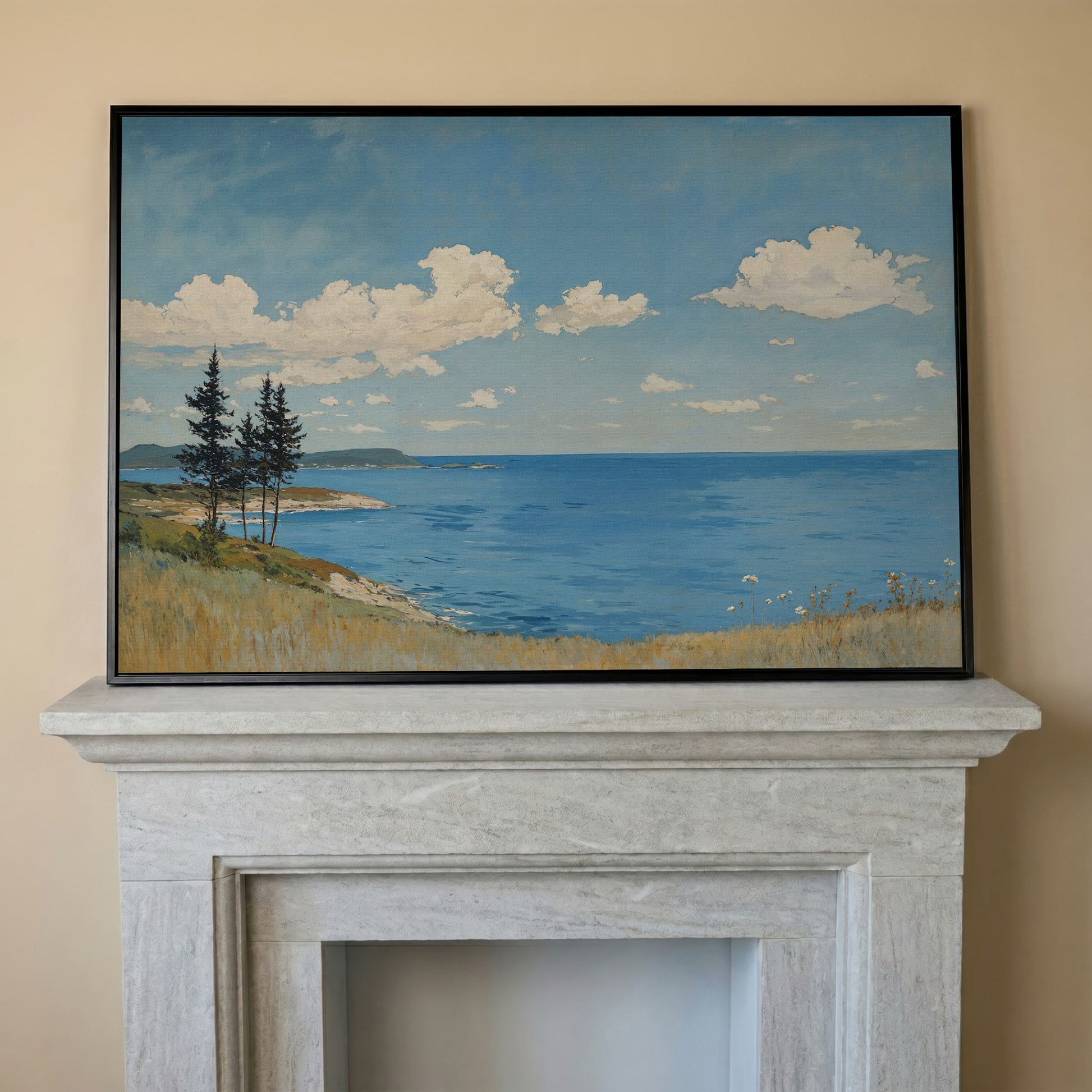 Coastal Shoreline Canvas with Dunes and Open Ocean in black floating frame