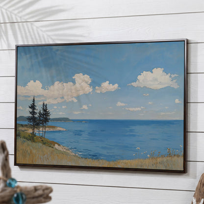Coastal Shoreline Canvas with Dunes and Open Ocean in dark walnut floating frame
